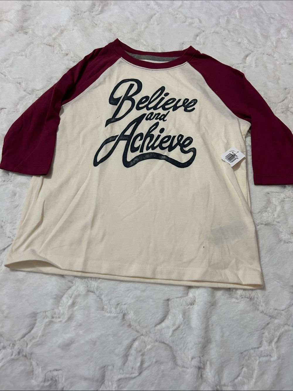 Old Navy Cream and Burgundy Raglan Tee with 'Believe and Achieve' Script